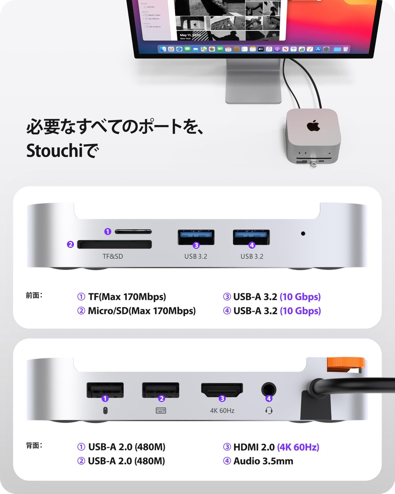 アップグレード版 SSD拡張機能搭載 Stouchi Mac mini M 4 ドック SSD拡張スタンド NVMe SATA SSD対応 最大8 TB拡張 10 Gbps高速転送 K 60 Hz HDMI出力 USB-A Gbps×2 2