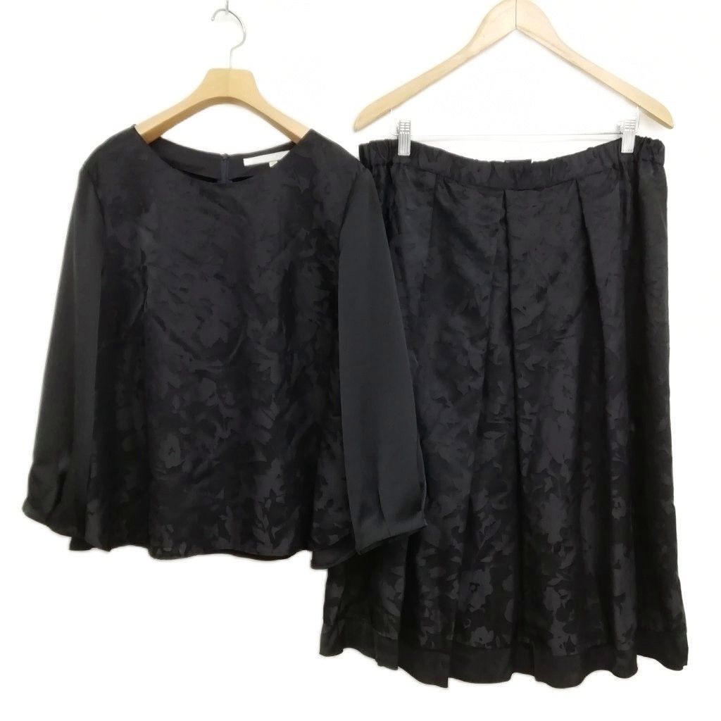 自由区 オンワード樫山 20SS フラワー ジャガード フォーマル セットアップ スーツ ブラウス スカート 46 50 大きいサイズ ネイビー 紺