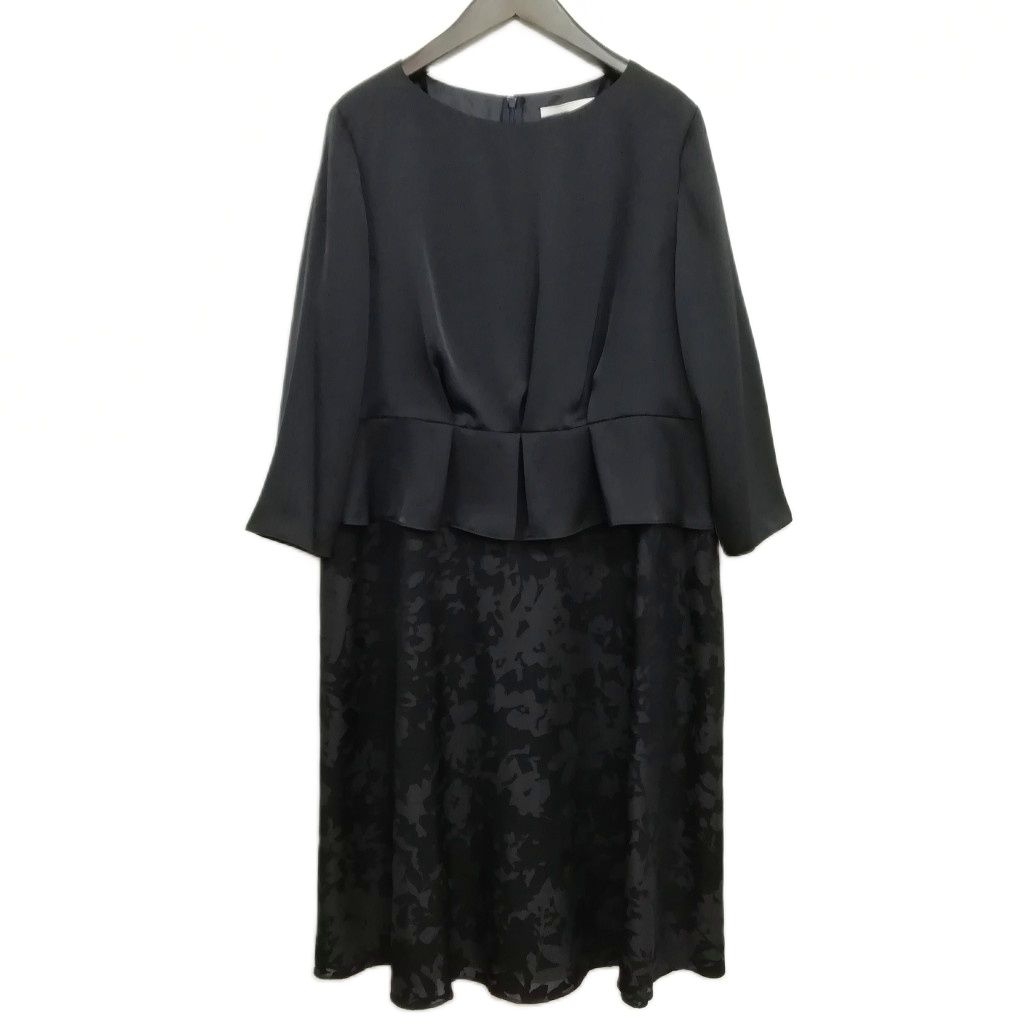 自由区 オンワード樫山 20SS ジャガード ドッキング ワンピース フォーマル 50 大きいサイズ ブラック