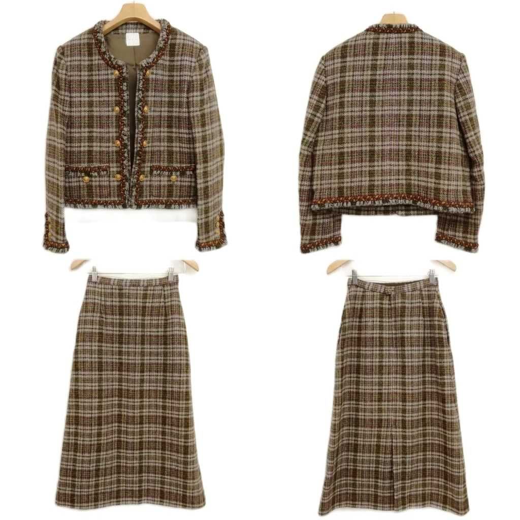 カネコイサオ KANEKO ISAO チェック ツイード スカート スーツ セットアップ ノー ジャケット 金ボタン カーキ系