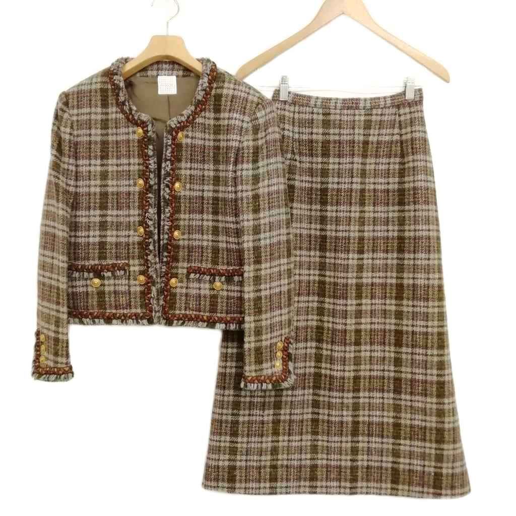 カネコイサオ KANEKO ISAO チェック ツイード スカート スーツ セットアップ ノー ジャケット 金ボタン カーキ系