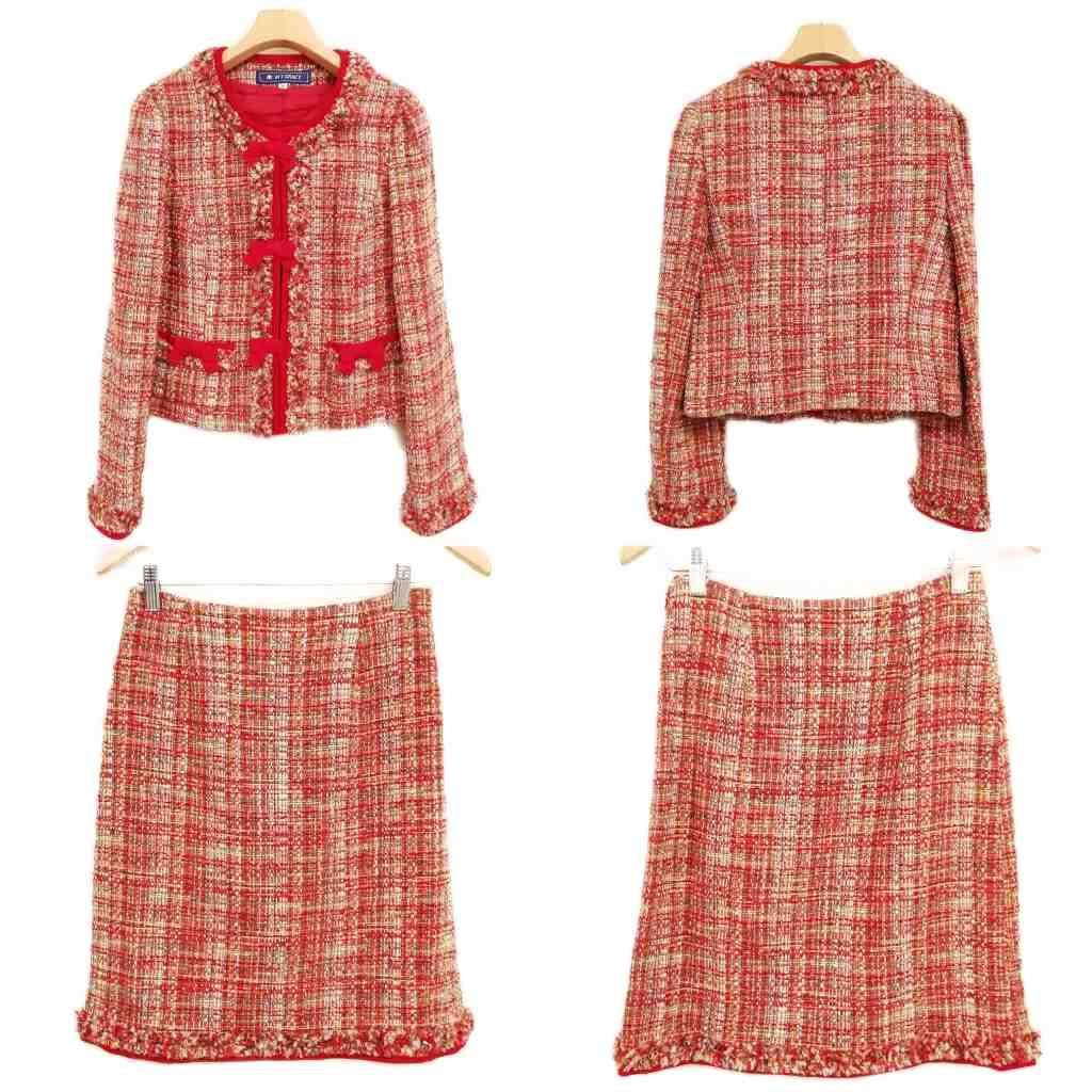 エムズグレイシー M S GRACY ツイード スカート スーツ セットアップ ノー ジャケット 38 レッド系
