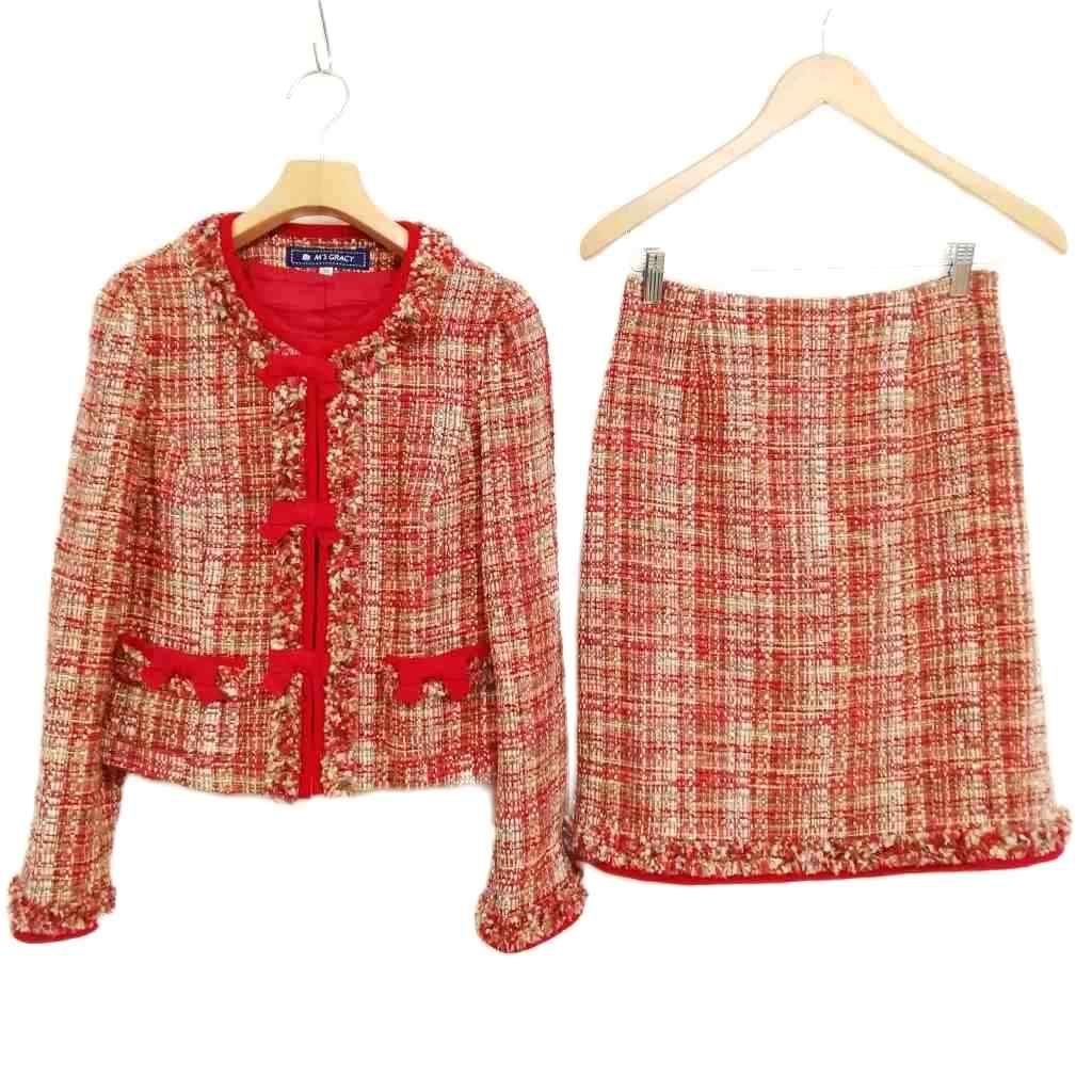 エムズグレイシー M S GRACY ツイード スカート スーツ セットアップ ノー ジャケット 38 レッド系