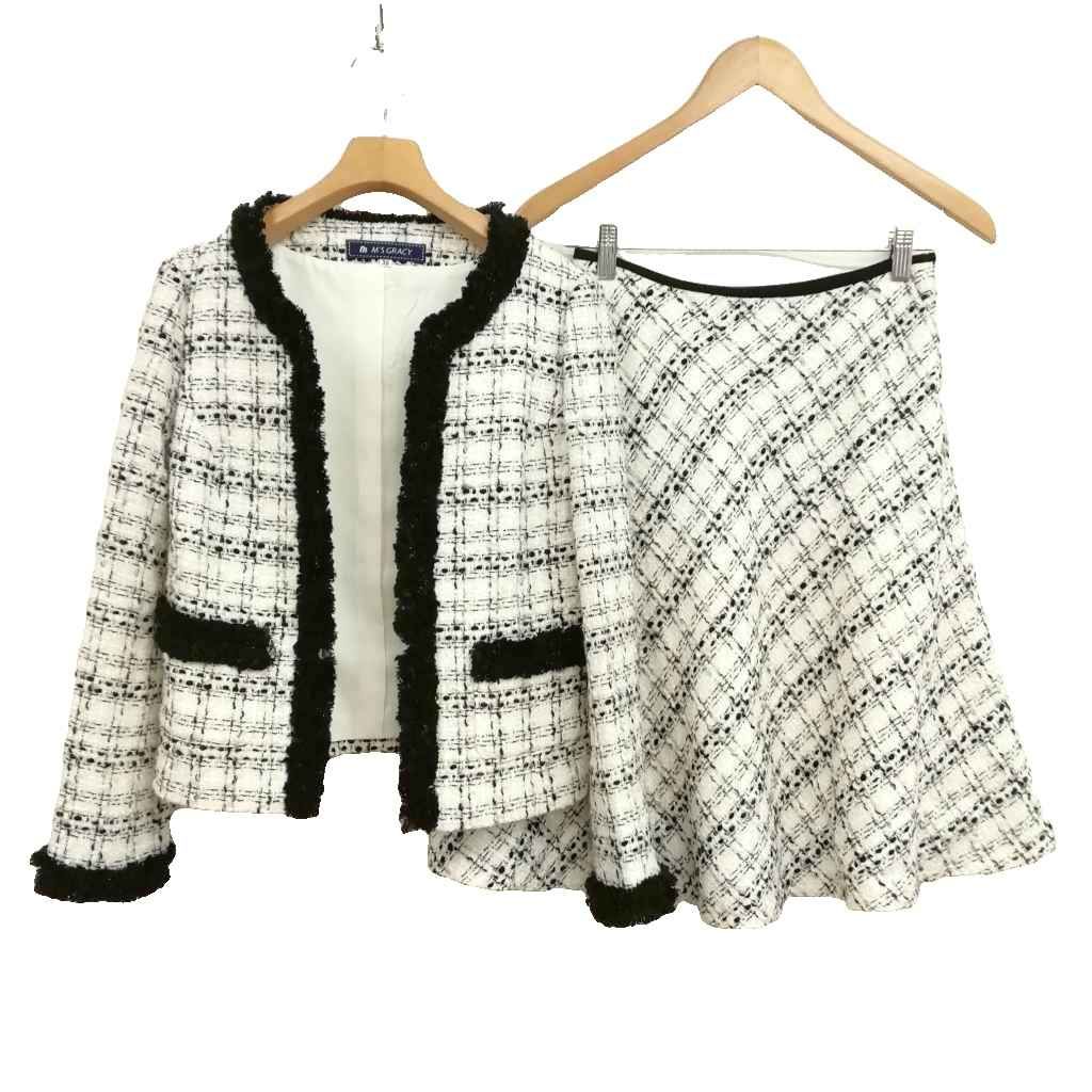 エムズグレイシー M S GRACY ツイード スカート スーツ セットアップ ノー ジャケット ストール付 38 ホワイト ブラック