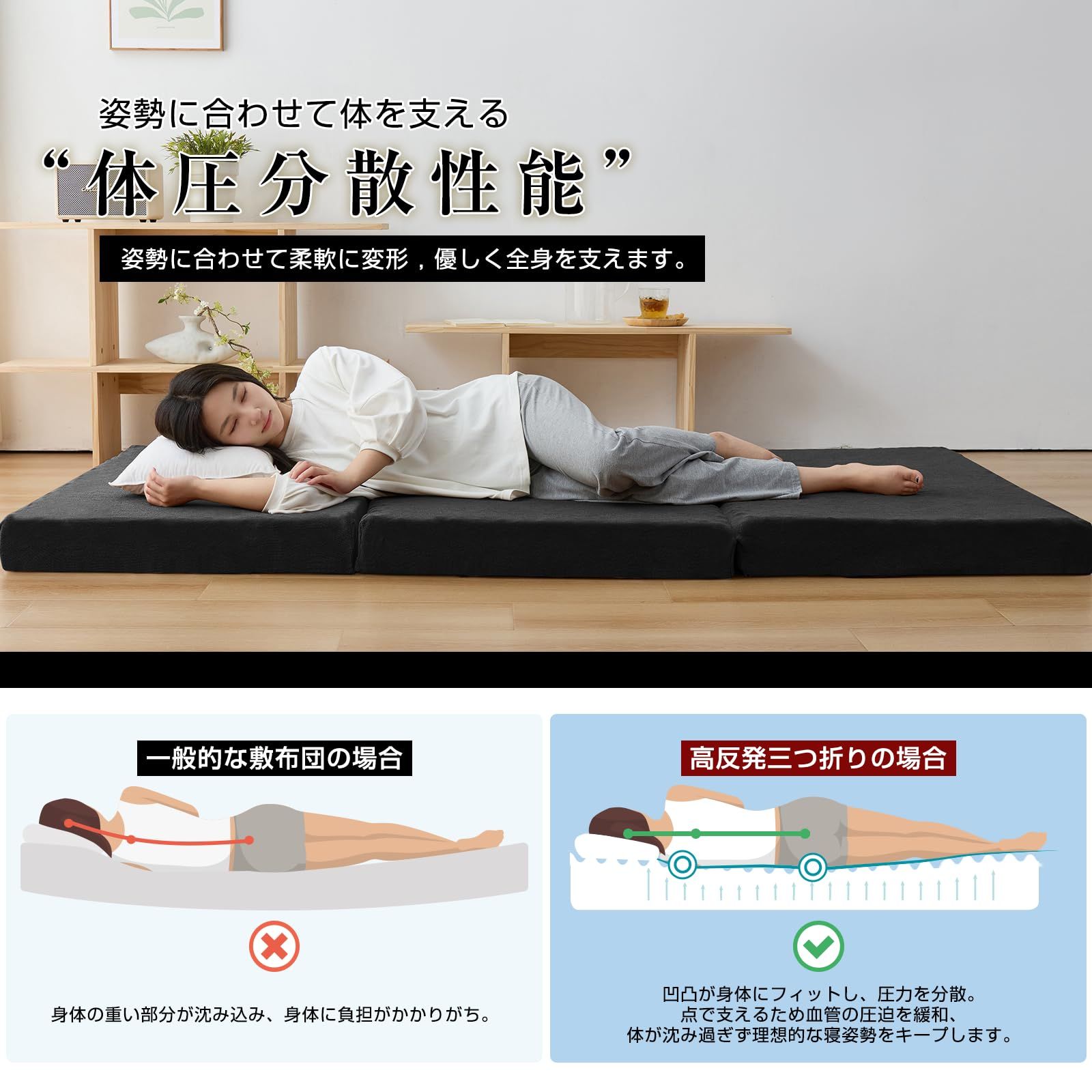 極厚10㎝ マットレス シングル 三つ折り 高反発 体圧分散 抗菌防臭
