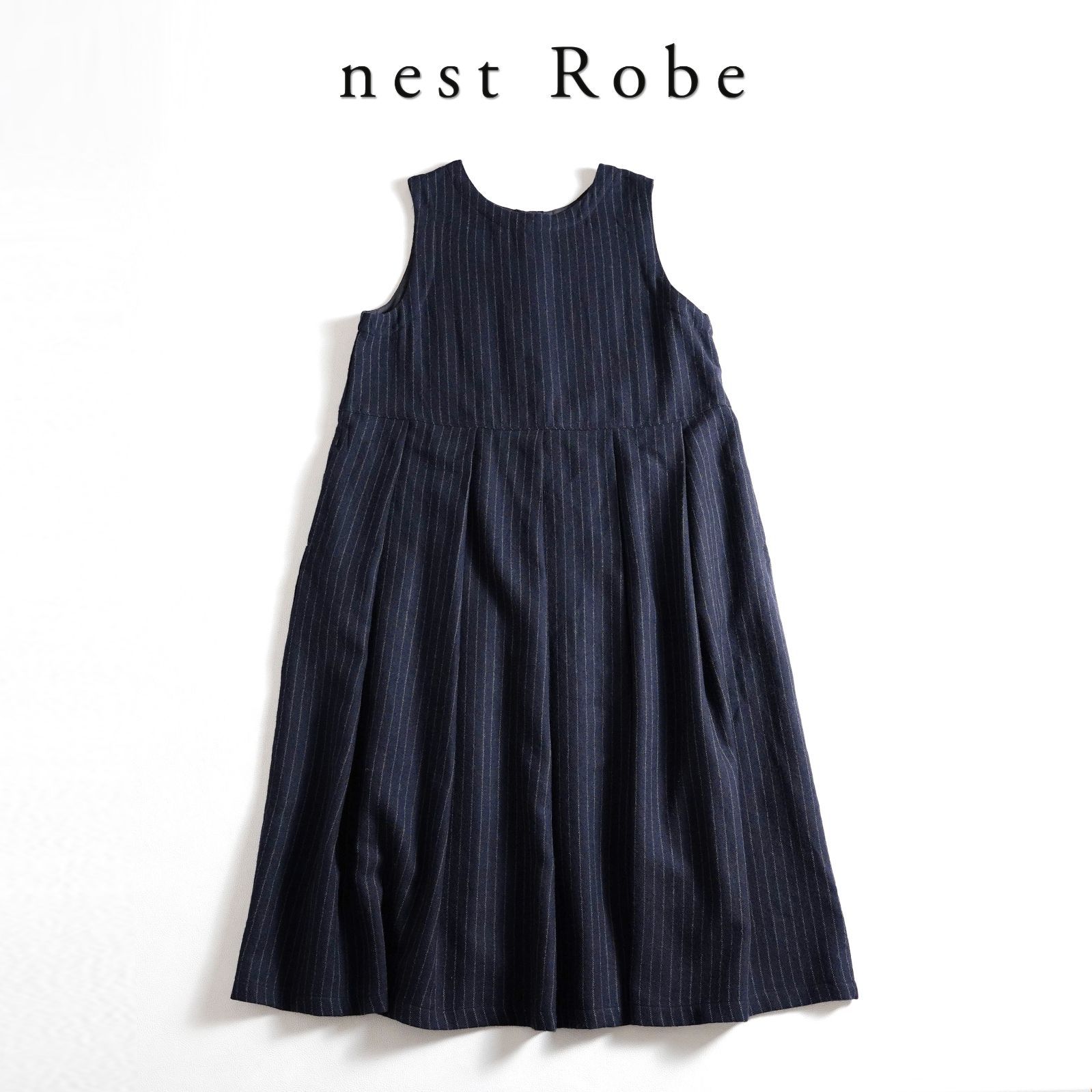 750t nest Robe ネストローブ ウール ストライプ 2way ノースリーブ ワンピース サイズ ネイビー