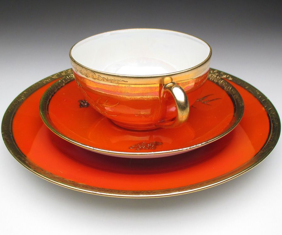 ノリタケ オレンジ色地金盛り トリオ カップ&ソーサー&プレート e