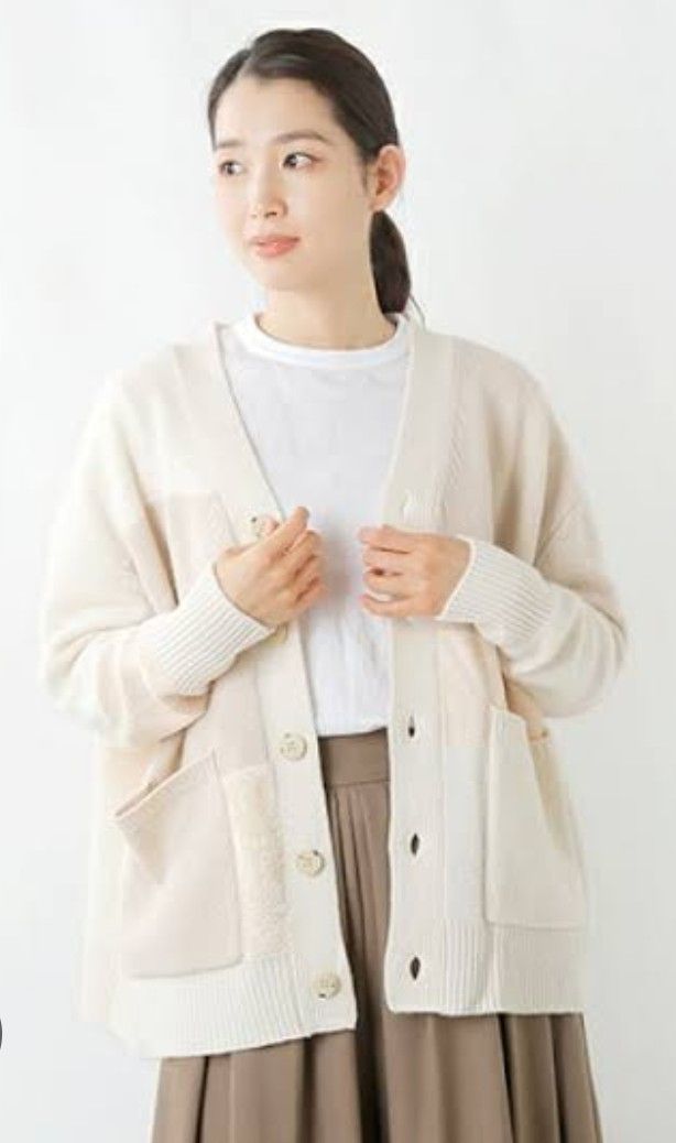 751t ADAWAS アダワス ウールモヘヤ混 パッチワーク ニット カーディガン ナチュラル サイズ