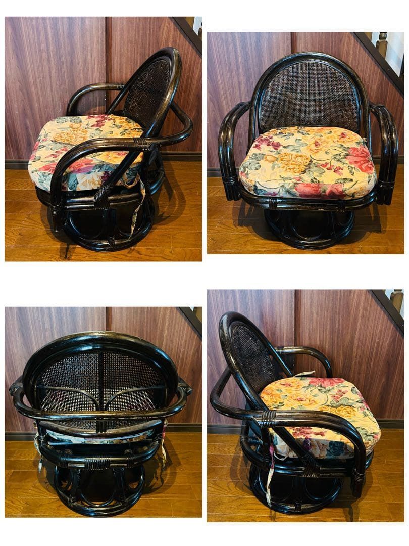 良品】 ラタン 座椅子 2脚 テーブル 3点セット サイドテーブル ④