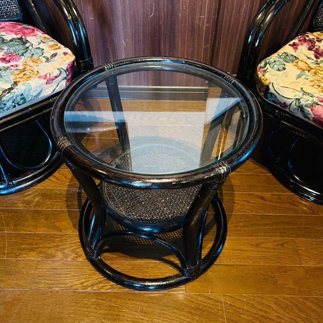 良品】 ラタン 座椅子 2脚 テーブル 3点セット サイドテーブル ④