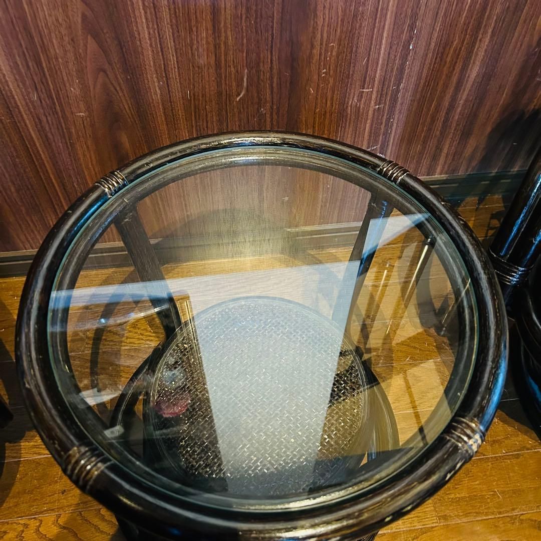 良品】 ラタン 座椅子 2脚 テーブル 3点セット サイドテーブル ④