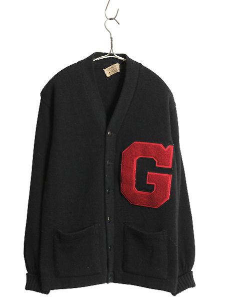 40s 50s レタード ニット カーディガン メンズ S 程 古着 ヴィンテージ ウール アワード セーター カレッジ サガラ ワッペン付き 黒