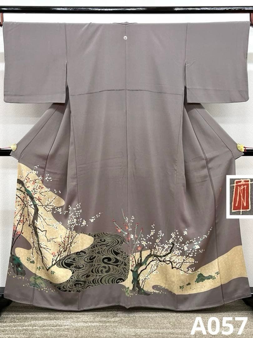 柿本一郎 本加賀友禅 落款入 色留袖 一つ紋 紅白梅 流水 正絹 A 057
