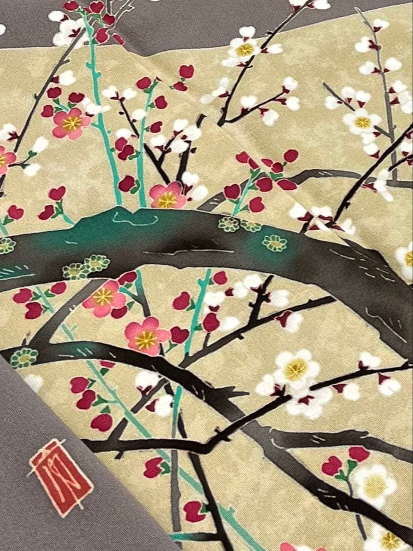 柿本一郎 本加賀友禅 落款入 色留袖 一つ紋 紅白梅 流水 正絹 A 057