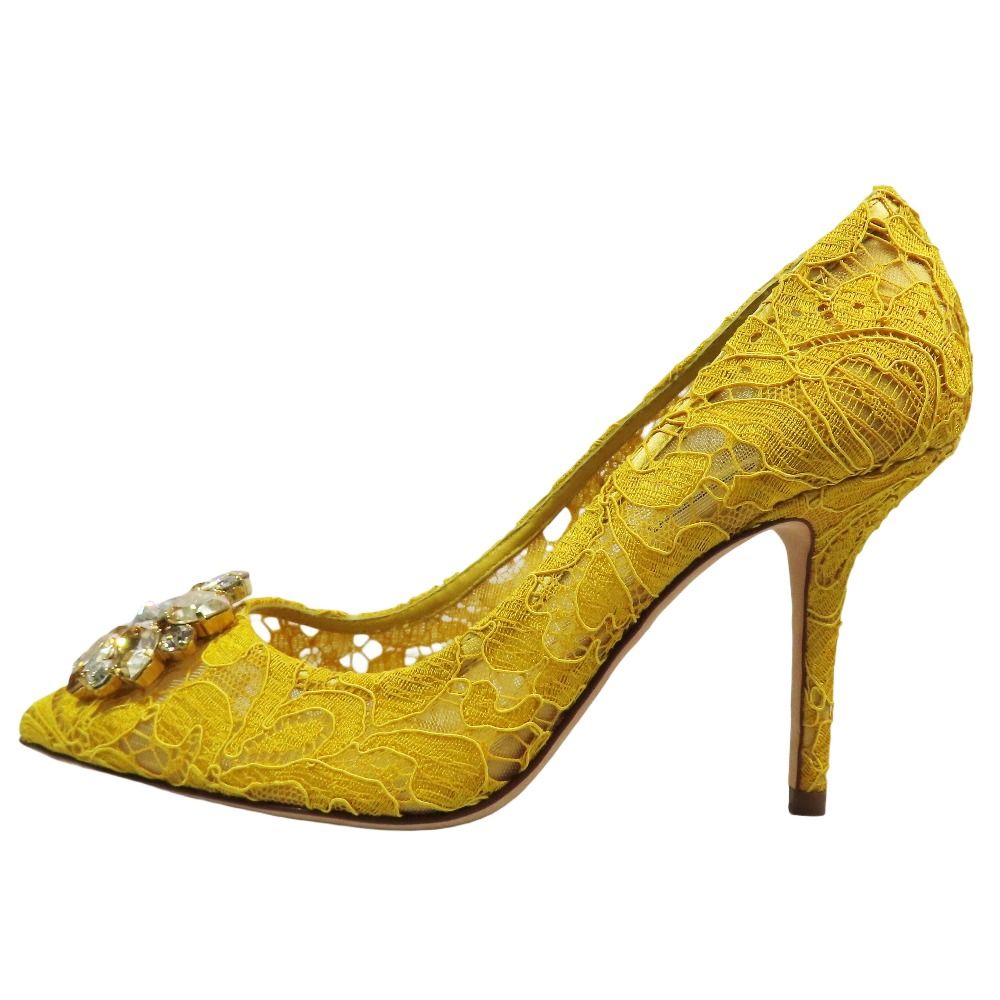 DOLCE-GABBANA ドルチェアンドガッバーナ タオルミナレース クリスタル ビジュー パンプス ヒール シューズ 38 黄 レディース 古着