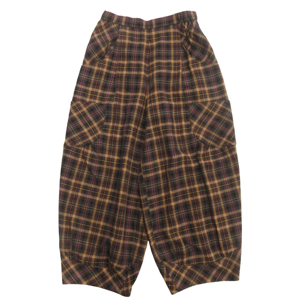 慈雨 ジウ センソユニコ チェック バルーン カーゴ パンツ スラックス イージー ウール サルエル ワイド 40 茶 ブラウン×マルチ レディース 古着