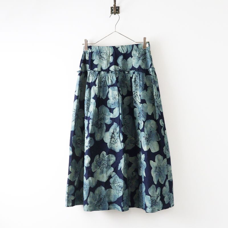 2025SS 夏のよそおい パラスパレス Pal las Palace 和芍薬柄 インディゴ 抜染 タック スカート 0|ネイビー フ 藍染 2400014678796