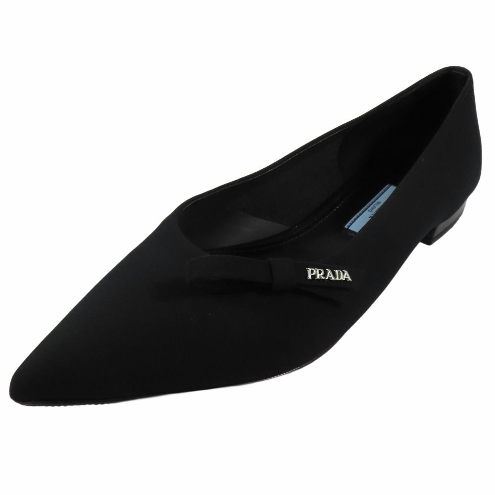 PRADA プラダ フラットシューズ パンプス ポインテッドトゥ リボン ロゴ金具 35.5 黒 ブラック レディース 古着