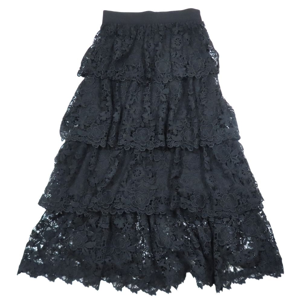 25AW -ellecy アンドエルシー ケミカルレーススカート ティアード ロング マキシ丈 M 黒 ブラック レディース 古着