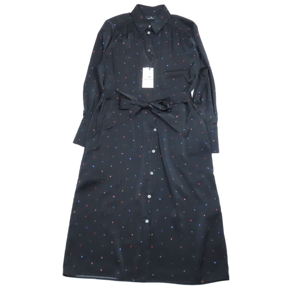 美品 PSポールスミス ロングワンピース 総柄 ウエストリボン 40 未使用 PS Paul Smith ピーエスポールスミス PS Stamp シャツ