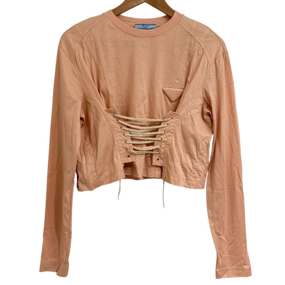 22SS PRADA プラダ 長袖 トライアングルロゴ ショート丈 Tシャツ カットソー S オレンジ系 レディース 古着