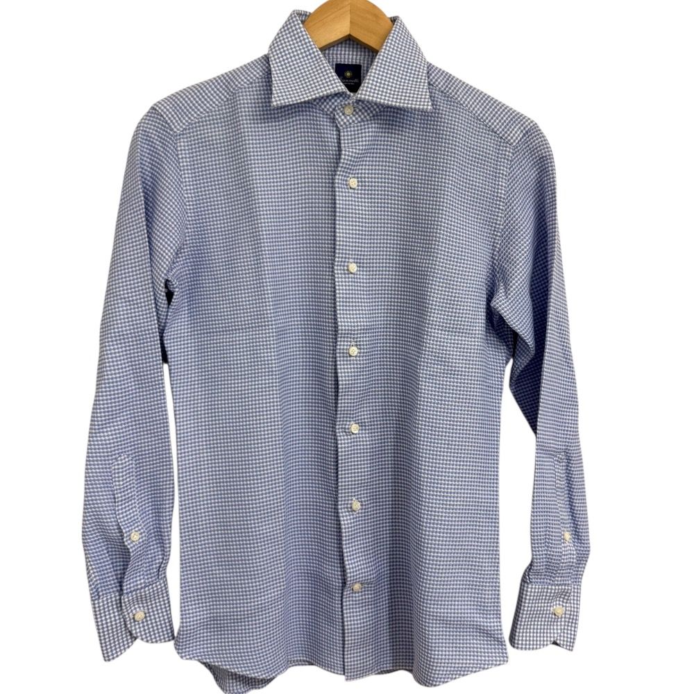 Giannetto ジャンネット SLIM FIT 総柄 長袖 ホリゾンタル シャツ 15 38 ライトブルー×ホワイト メンズ 古着