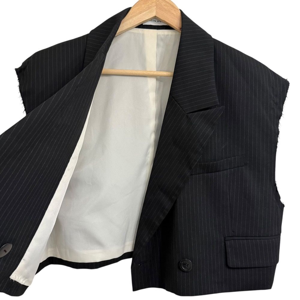  24 SS MAISON SPECIAL メゾン Cut-off Short Gilet ストライプ柄 カットオフ ショートジレ ベスト F ブラック レディース 古着 ベスト ジレ ベスト ジレ ビスチェ
