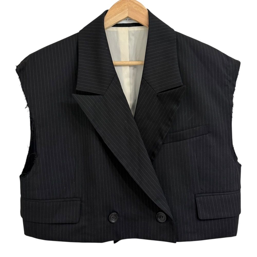 24SS MAISON SPECIAL メゾン Cut-off Short Gilet ストライプ柄 カットオフ ショートジレ ベスト F ブラック レディース 古着