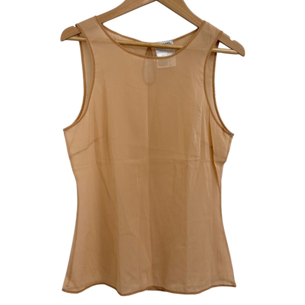 07C CHANEL シャネル シルクブレンド ノースリーブ シアーブラウス カットソー 38 ベージュ レディース 古着