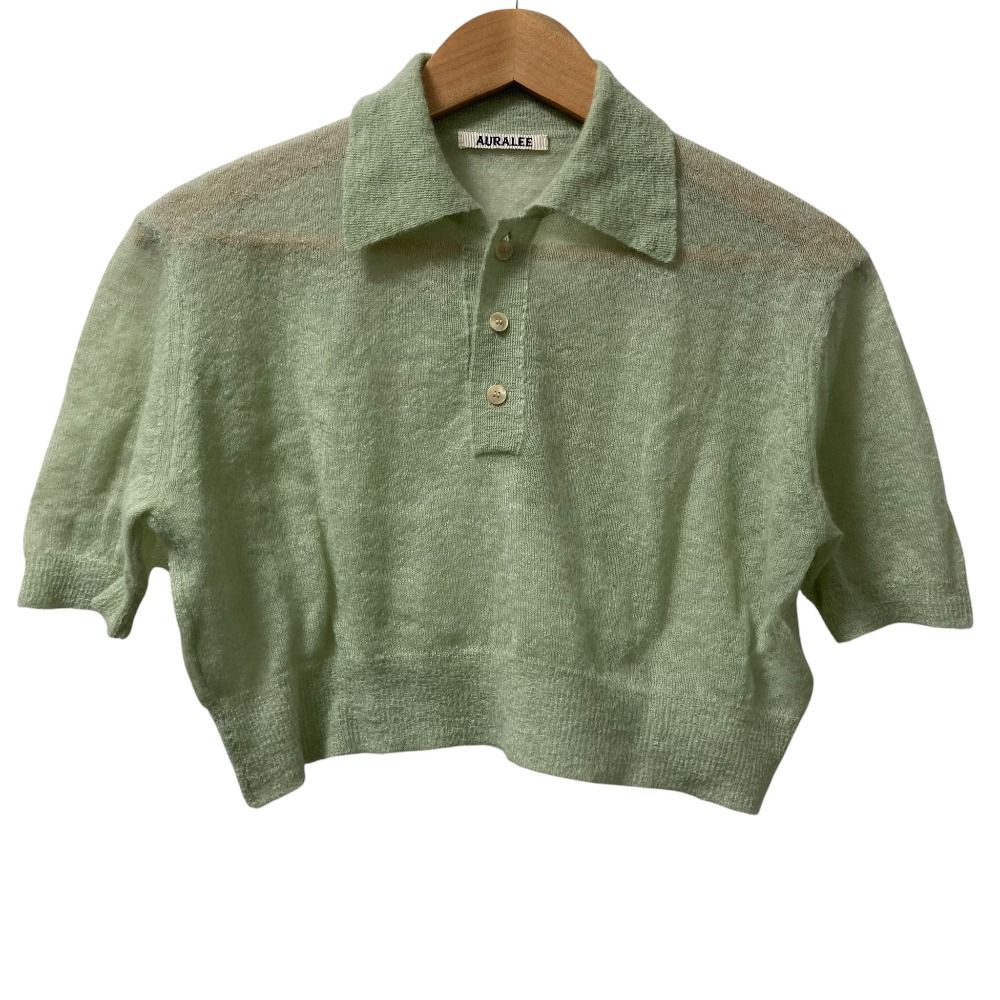 24 SS AURALEE オーラリー KID MOHAIR SHEER KNIT SHORT POLO モヘアシアーニットショートポロシャツ サイズ0 グリーン レディース 古着