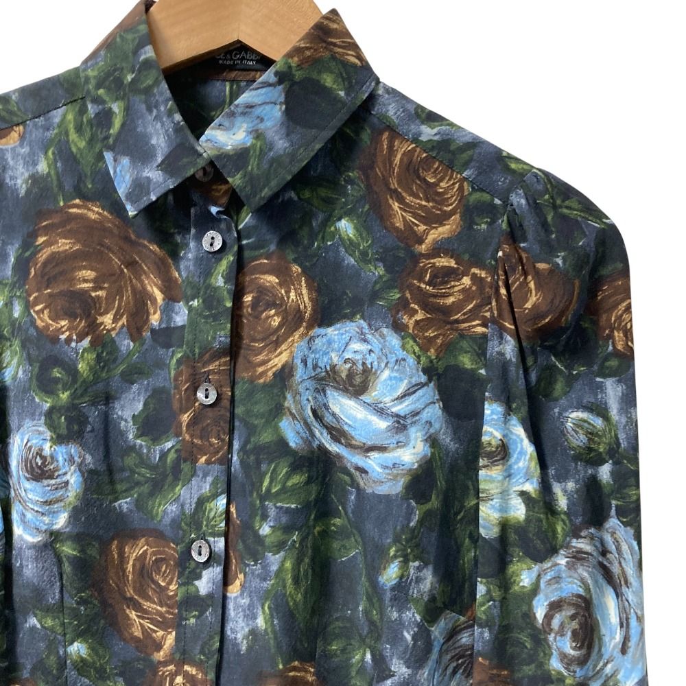 DOLCE-GABBANA ドルチェアンドガッバーナ バラプリント シルクシャツ ブラウス サイズ40 ネイビー レディース 古着