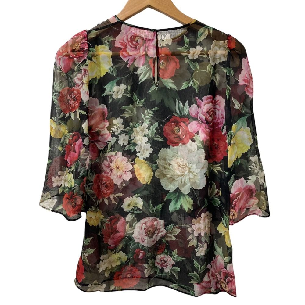 幅広い品揃え。 DOLCE＆GABBANA ドルチェアンドガッバーナ フラワープリント シルクシアー ブラウス サイズ36 ブラック レディース 古着