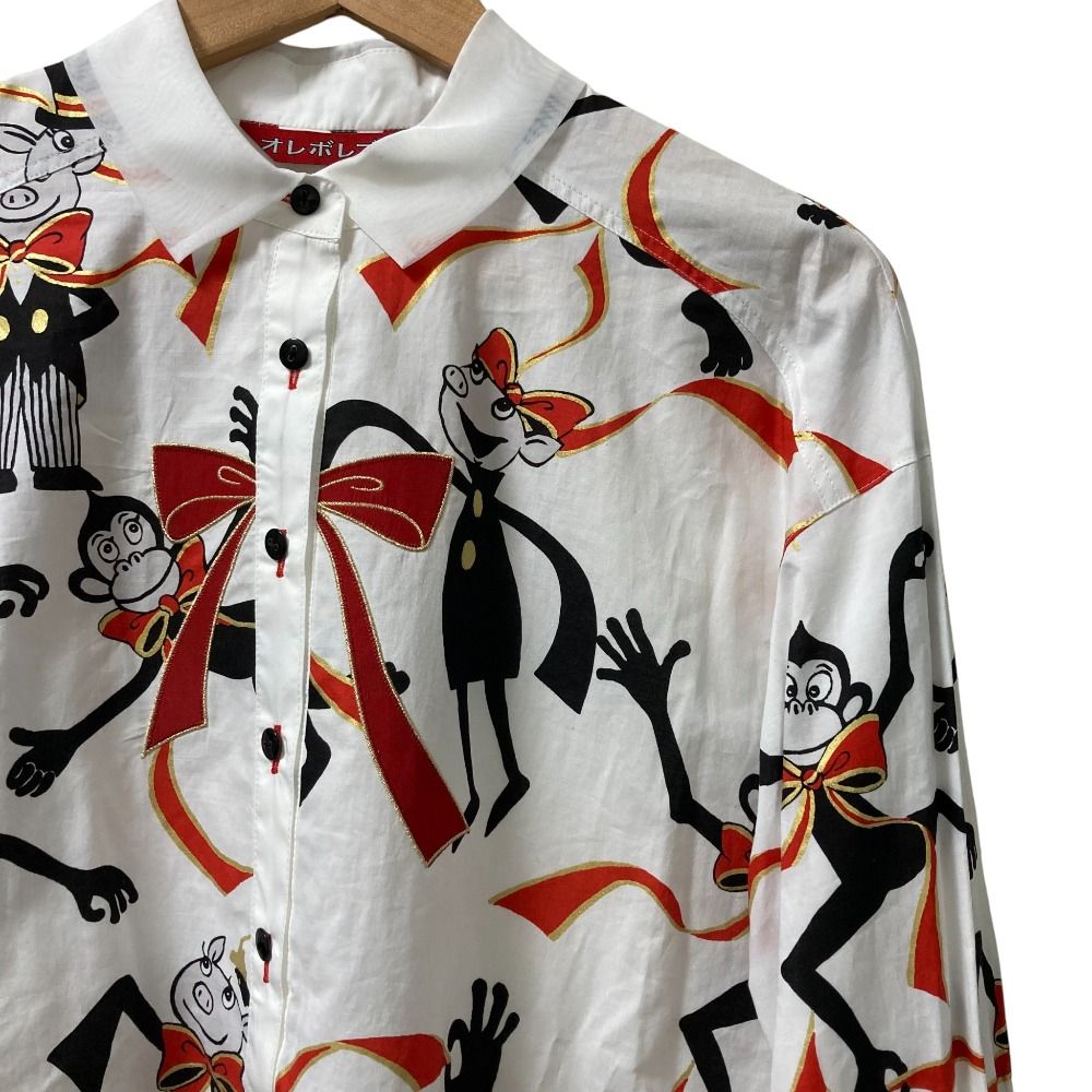 OLLEBOREBLA ALBEROBELLO オレボレブラ アルベロベロ ぶたさん サルリボンプリント ロングシャツ サイズM ホワイト レディース 古着