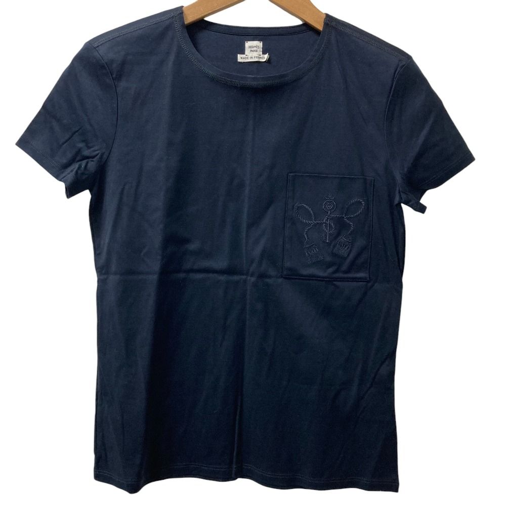 HERMES エルメス 刺繍ポケット クルーネック Tシャツ サイズ34 ブラック レディース 古着