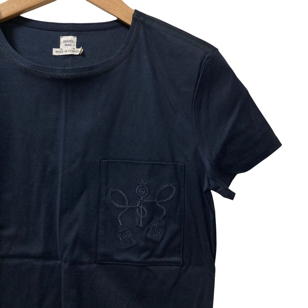HERMES エルメス 刺繍ポケット クルーネック Tシャツ サイズ34 ブラック レディース 古着
