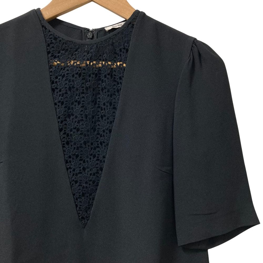 miu ミュウミュウ レースVネック 五分袖 ミニドレス ワンピース サイズ38 ブラック レディース 古着