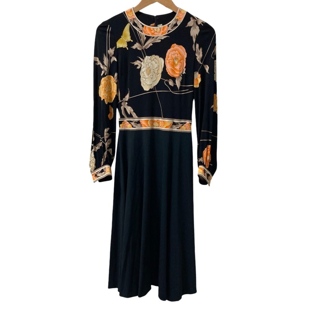 LEONARD レオナール フラワープリント ロングスリーブ ワンピース ブラック×オレンジ レディース 古着