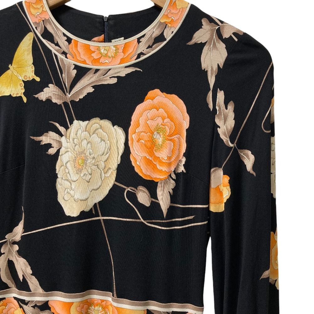 LEONARD レオナール フラワープリント ロングスリーブ ワンピース ブラック×オレンジ レディース 古着