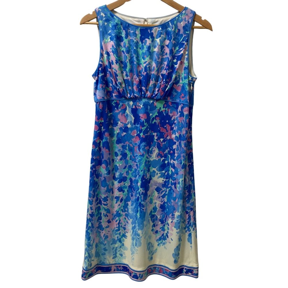 LEONARD レオナール 新宿伊勢丹 モデル ウィステリア柄 カンカンストレッチ ノースリーブワンピース サイズ4 ブルー レディース 古着