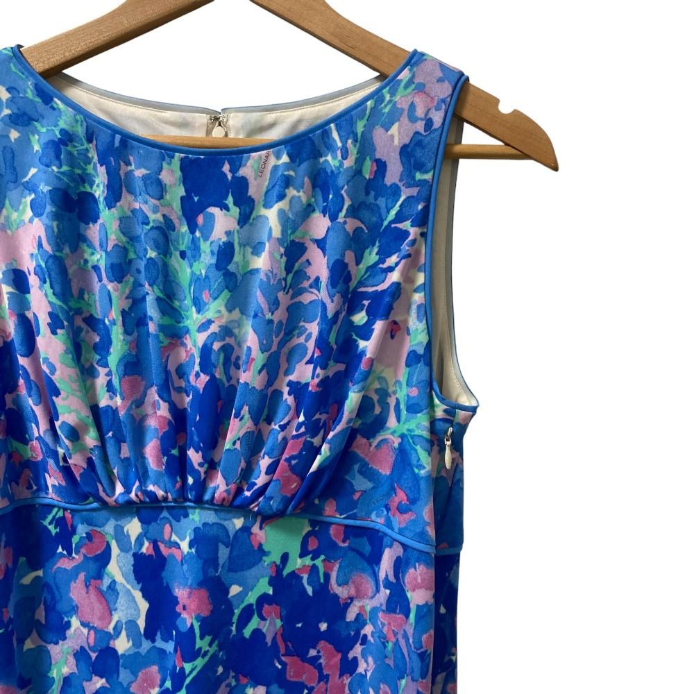 LEONARD レオナール 新宿伊勢丹 モデル ウィステリア柄 カンカンストレッチ ノースリーブワンピース サイズ4 ブルー レディース 古着