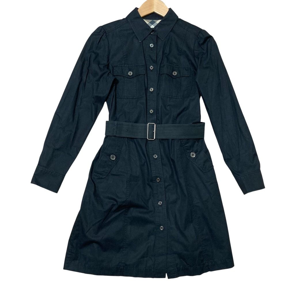 BURBERRY LONDON バーバリー 裏地ノバチェック 長袖 ひざ丈 シャツワンピース サイズ40 ブラック レディース 古着