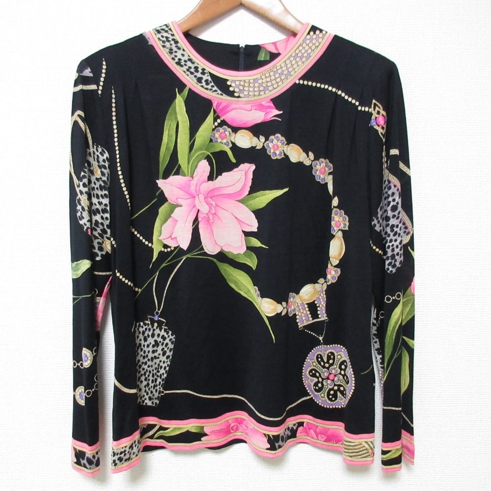LEONARD レオナール フラワープリント ロングスリーブ ウールカットソー サイズL ブラック ピンク レディース 古着