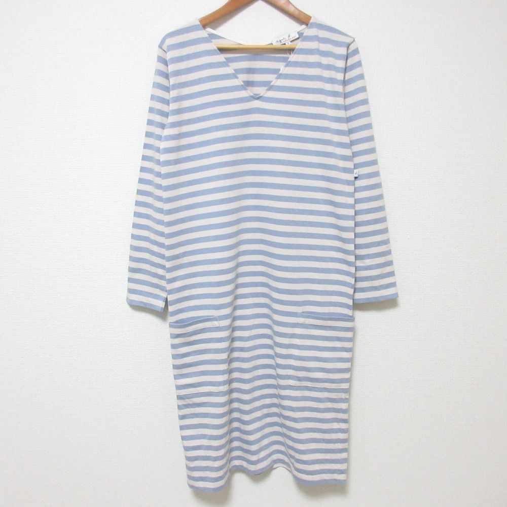 agnes b アニエスベー フランス製 ボーダー カットソー ワンピース サイズ2 ライトブルー ホワイト レディース 古着