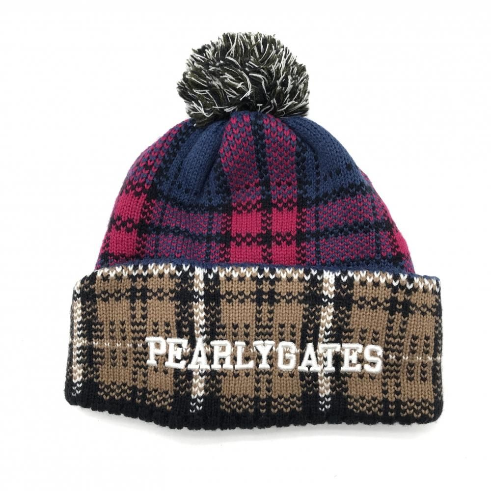 超 パーリーゲイツ ニット帽 ライトブラウン ピンク チェック ウール混 ボンボン付 FR ゴルフウェア モデル PEARLY GATES
