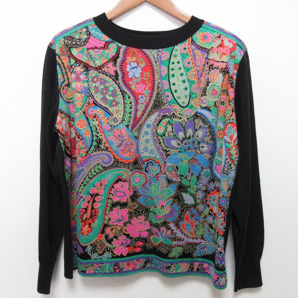 LEONARD レオナール ウール ペイズリー フラワープリント ロングスリーブ カットソー サイズL マルチ レディース 古着