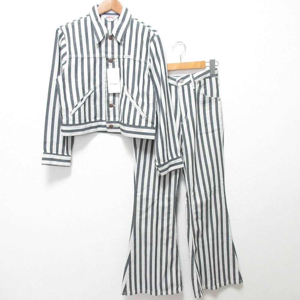 Wrangler ラングラー BOYS JACKET コンパクト ジャケット パンツ セットアップ サイズS XS ストライプ グレー オフホワイト レディース 古着