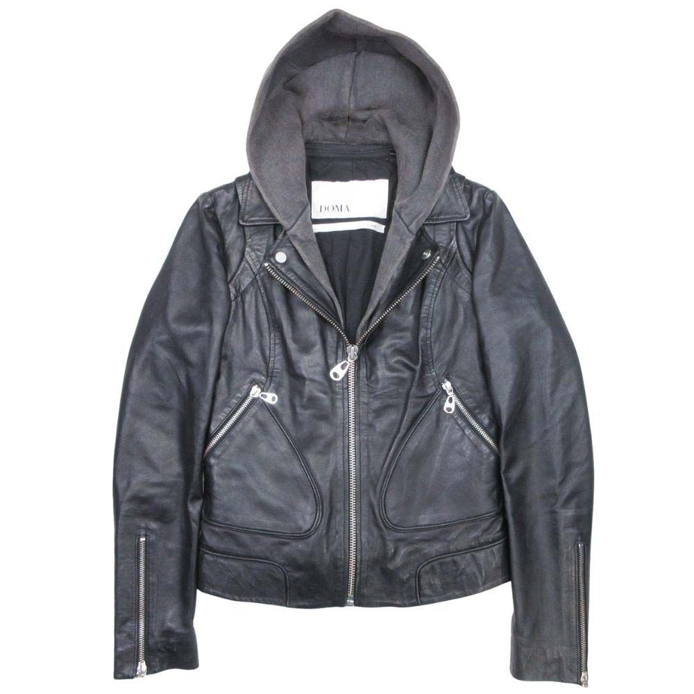 DOMA ドマ フードドッキング レザージャケット ライダース ブルゾン アウター ラムレザー 羊革 XS 黒 ブラック レディース 古着
