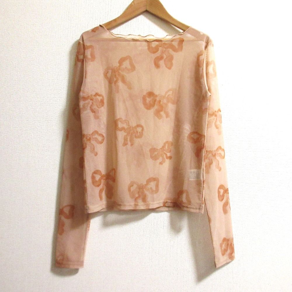 POPPY ポピー リボンシースルートップス カットソー サイズF ピンクベージュ レディース 古着