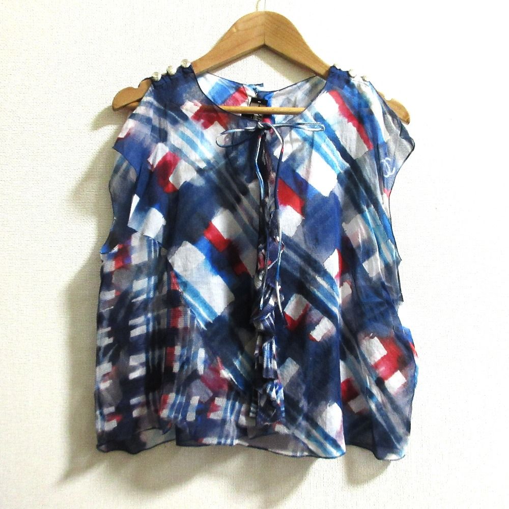 CHANEL シャネル フリル ノースリーブブラウス P54006 サイズ34 ブルー レディース 古着