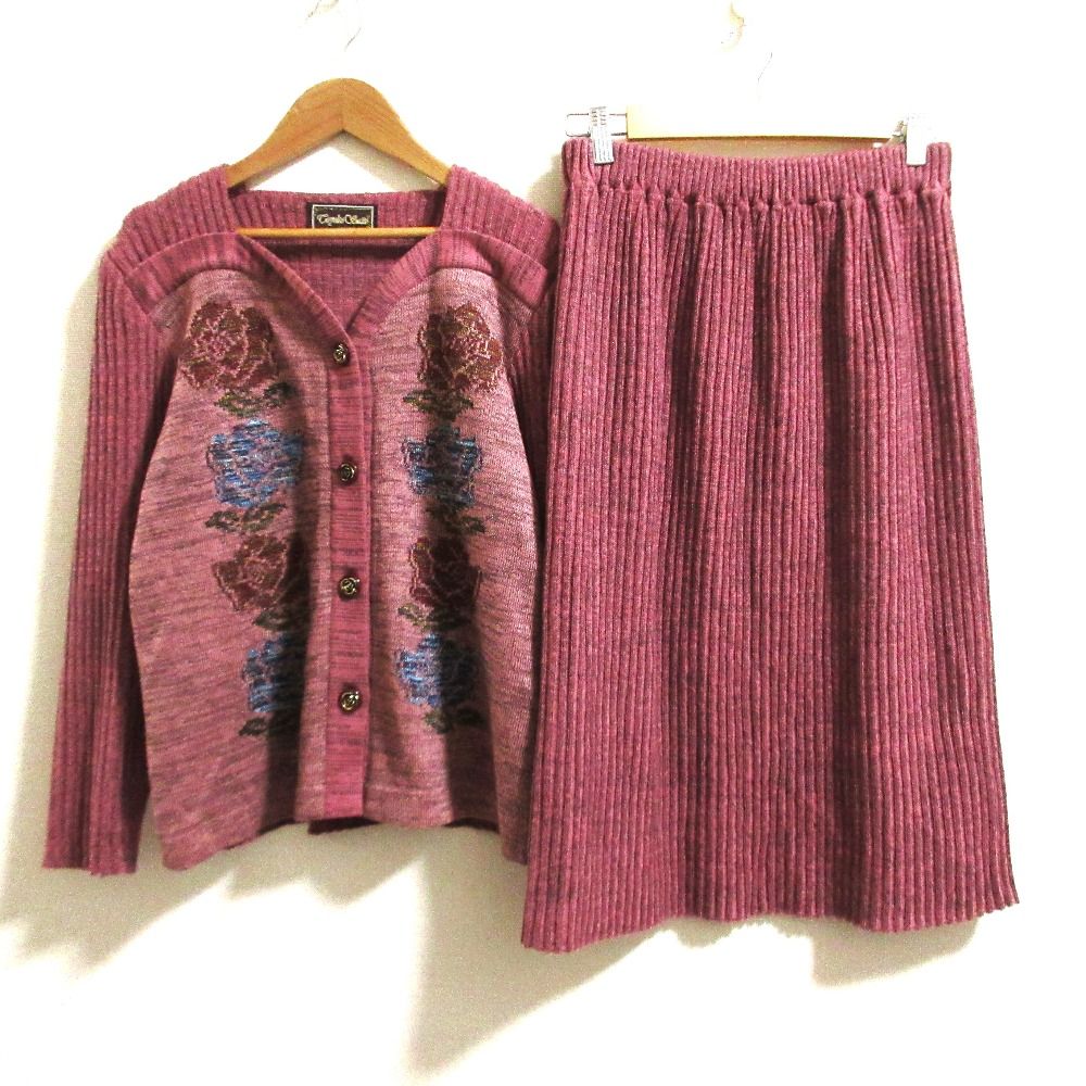 斉藤都世子 トヨコサイトウ ニットジャケット スカート セットアップ ピンク レディース 古着